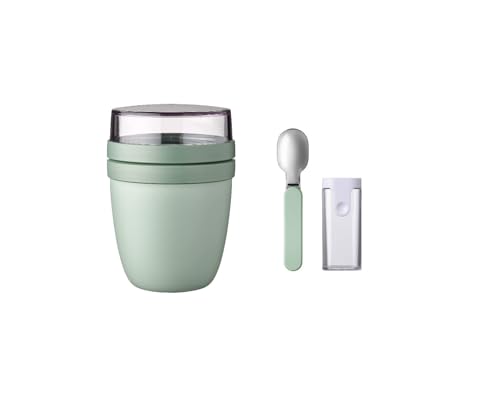 Mepal - Klapplöffel Set mit Lunchpot Mini Ellipse - Praktischer Joghurtbecher & Müslibecher - Unterteilung für Joghurt & Müsli - Geeignet für Gefrierschrank, Mikrowelle & Spülmaschine - Nordic Sage von Mepal