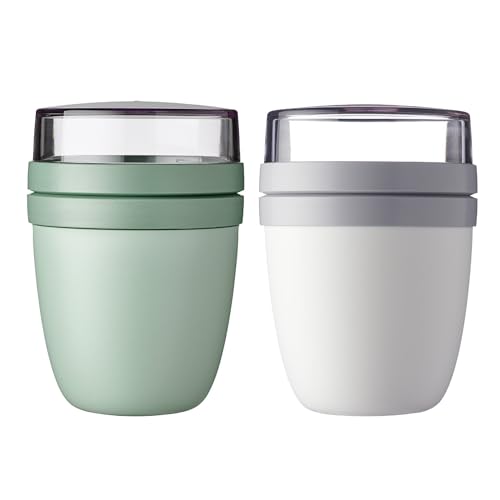 Mepal | Lunchpot Ellipse Mixed | Nordic Sage + Nordic White | Müslibecher to go | Unterteilung für Joghurt & Müsli | 500 ml + 200 ml | Geeignet für Gefrierschrank, Mikrowelle & Spülmaschine von Mepal