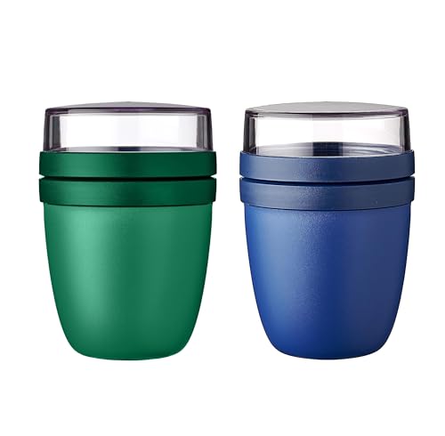 Mepal | Lunchpot Ellipse Mixed | Vivid Green + Vivid Blue | Müslibecher to go | Unterteilung für Joghurt & Müsli | 500 ml + 200 ml | Geeignet für Gefrierschrank, Mikrowelle & Spülmaschine von Mepal