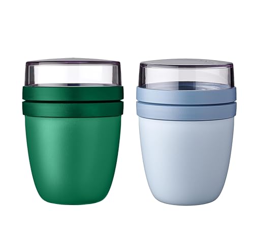 Mepal | Lunchpot Ellipse Mixed | Vivid Green + Nordic Blue | Müslibecher to go | Unterteilung für Joghurt & Müsli | 500 ml + 200 ml | Geeignet für Gefrierschrank, Mikrowelle & Spülmaschine von Mepal
