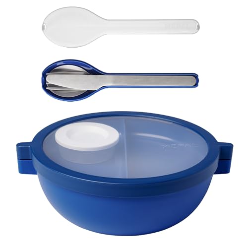 Mepal - Meal Prep Boxen Vita Set - Bento Schüssel + 3-teiliges Besteck-Set Ellipse - Brotdose mit Fächern - Extra Fach mit Deckel, Dressing-Deckel & Tablett - Bentobox - 1500 ml - Vivid Blue von Mepal
