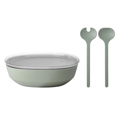 Mepal – Salat-Set Silueta – Servierschale mit Deckel (4000 ml) mit Salatbesteck (28,5 cm) – Outdoor-Serviergeschirr – Spülmaschinen- und mikrowellenfest – Kunststoff (PP, SAN, TPE) – Nordic Sage von Mepal