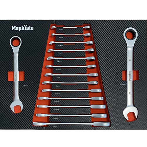 Mephisto Kombi-Ratschenschlüssel, Maulschlüssel, Ratschenringmaulschlüssel, Ringschlüssel mit Ratsche Funktion, Knarrenschlüssel, 15 tlg., SW 6-27 mm, metrisch, inkl. Soft Inlay in Carbonoptik von Mephisto