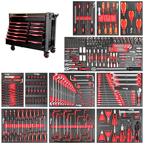 Mephisto Pro-Line BIG Werkzeugwagen Werkstattwagen gefüllt mit 12 Schubfächer davon 11 inkl. Werkzeug wie VDE Schraubendreher, Ratsche mit Nusskasten, Schraubendreher-Set in Soft Inlays in Carbon Lock von Mephisto
