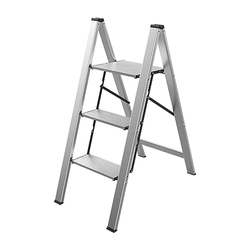 Mephisto Trittleiter Klappleiter Stufenleiter Haushaltsleiter flach aus Aluminium inkl. Anti Rutsch Trittflächen mit 3 Stufen ohne Griff bis 150 kg Tragkraft von Mephisto