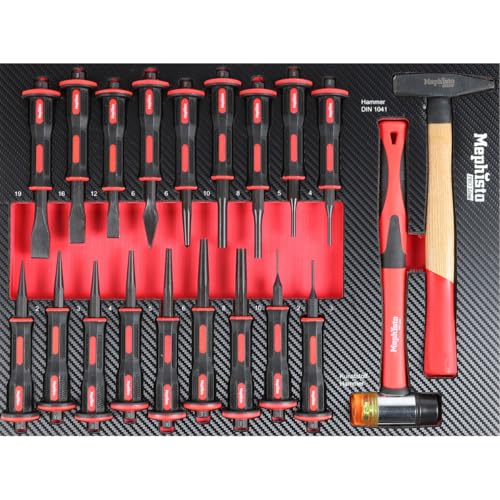 Mephisto Werkzeugeinlage Werkzeug Set Pro Line Werkstattwageneinlage Hammer- Set mit Hammer Meisel und Durchschläge- Set in Soft Inlay in Carbonoptik von Mephisto