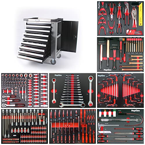 Mephisto Werkzeugwagen Werkstattwagen mit 9 Schubladen Davon 8 mit Werkzeug wie Schraubenschlüssel, Ratsche mit Nusskasten, Schraubendreher usw. in Soft Inlays in Carbonoptik befüllte Schubladen von Mephisto