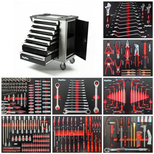 Mephisto XXL Werkzeugwagen Werkstattwagen mit 7 Schubladen davon 7 mit Werkzeug in Soft Inlays in Carbonoptik befüllte Schubladen zzgl. zusätzlicher Einlage mit Rollgabelschlüssel von Mephisto