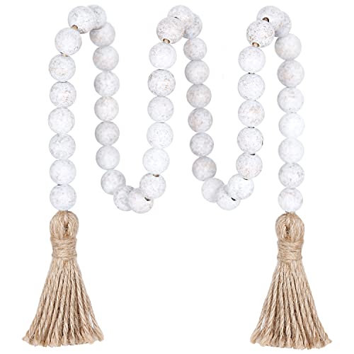 Meplait 100cm Holzperlengirlande Bauernhaus Perlen mit Quasten,Rustikale Landhausdekoration Gebetsperlen Boho-Chic Wandbehang Heimdekoration (Wash White) von Meplait