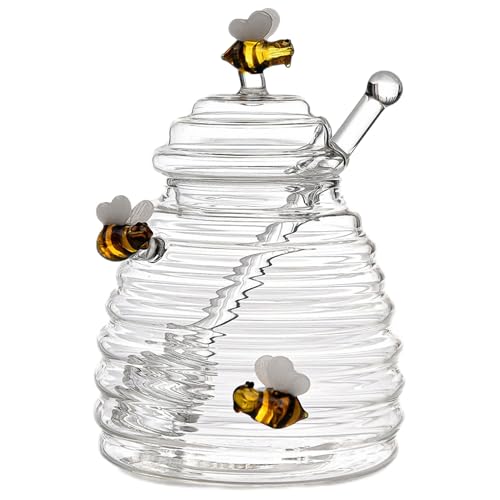Mequou Glas Honigtopf Mit Deckel & Honiglöffel, 400ml, Zum Servieren Von Honig Und Sirup | Honiggläser, Lebensmittelechte Transparente Flasche Für Kochen Backen Frühstück Toppings 13,5x10cm von Mequou