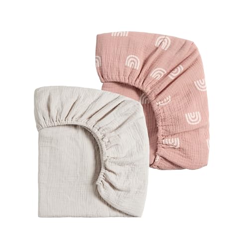 Meracorallo Musselin-Spannbettlaken, 2er-Pack, Baumwolle, Pack n Play Spannbetttuch, weich und atmungsaktiv, Pack and Play Playard-Matratzenlaken für Babys, Jungen und Mädchen, Regenbogen und Nebel von Meracorallo