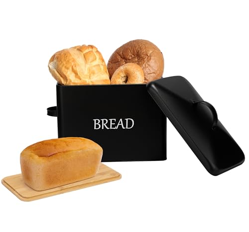 Extra große Brotbox mit 2 Deckeln –Metall & Bambus Deckel–Metall Brotkasten für Küche Arbeitsplatte – Hält 2+ Brote – Bauernhaus Schwarzer Brotkasten–Brotaufbewahrung Belüftungslöcher–XXL Brotbeutel von Meraki Home