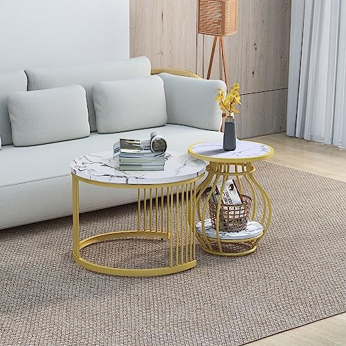 CouchTisch,Satztische Couchtisch 2er Set Rund Tisch Wohnzimmer Rund mit Metallgestell Beistelltisch Weiss Modern Satztische fürs Wohnzimmer, Weiß Gold Marmor Optik von Merax