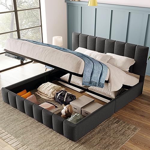 Designer Bett mit Bettkasten, Leinenmaterial Polsterbett, Hydraulisches Boxspringbett, Lattenrost Doppelbett Stauraum Holzfuß schwarz (Grau, 140 x 200 cm) von Merax