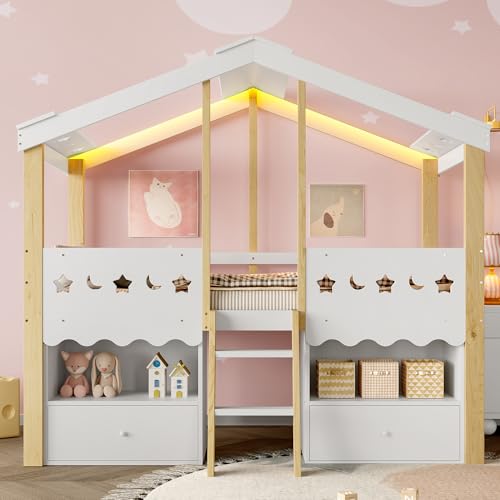 Halbhohes Kinderbett 90x200 cm mit LED-Leiste & Schubladen – Hausbett mit Stauraum, Sicherheitsgeländer & Stern/Mond-Deko, Weiß+Natur, ohne Matratze Halbhohes Kinderbett 90x200 cm mit LED-Leiste & Schubladen – Hausbett mit Stauraum, Sicherheitsgeländer & Stern/Mond-Deko, Weiß+Natur, ohne Matratze von Merax