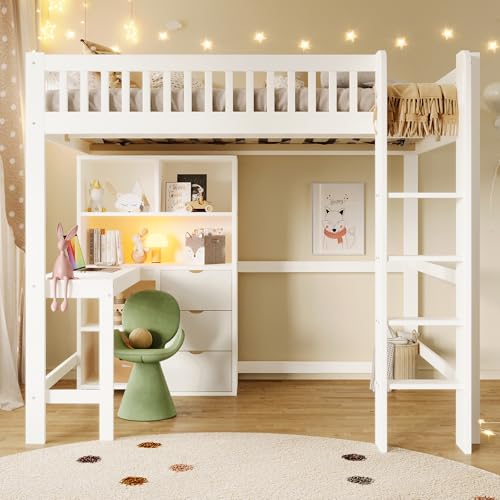 Hochbett 140×200 cm mit Schreibtisch, 3 Schubladen & Ablagefächern – Multifunktionales Jugend- und Kinderbett mit Leiter, Stauraum & Arbeitsbereich, Weiß, ohne Matratze von Merax