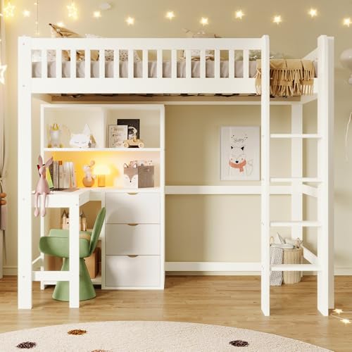 Hochbett 90×200 cm mit Schreibtisch, 3 Schubladen & Ablagefächern – Multifunktionales Jugend- und Kinderbett mit Leiter, Stauraum & Arbeitsbereich, Weiß, ohne Matratze von Merax