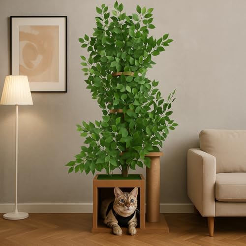 Kratzbaum groß für Katzen – Natur-Design Kletterbaum mit Höhle & Liegeflächen – Stabiler mehrstöckiger Katzenbaum mit Sisalpfosten & Katzenmöbel – Robust & pflegeleicht – Grün von Merax