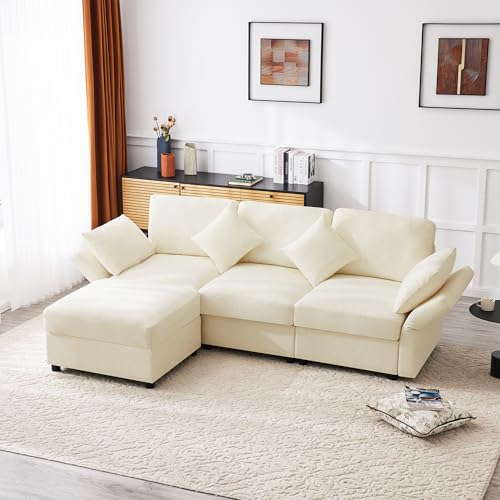 L-förmiges Ecksofa mit Fußhocker & Schlaffunktion – Modernes 3/4-Sitzer Sofa mit verstellbaren Armlehnen & Kissen, Chenille-Stoff für Wohnzimmer von Merax