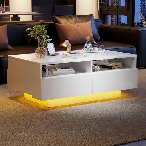 LED Hochglanz Couchtisch mit 4 Schubladen, Wohnzimmertisch mit 16 Farben LED-Beleuchtung, USB-Anschluss, Fernbedienung, Sofatisch mit Stauraum für Wohnzimmer Schlafzimmer, Modernes Design,Weiß LED Hochglanz Couchtisch mit 4 Schubladen, Wohnzimmertisch mit 16 Farben LED-Beleuchtung, USB-Anschluss, Fernbedienung, Sofatisch mit Stauraum für Wohnzimmer Schlafzimmer, Modernes Design,Weiß von Merax