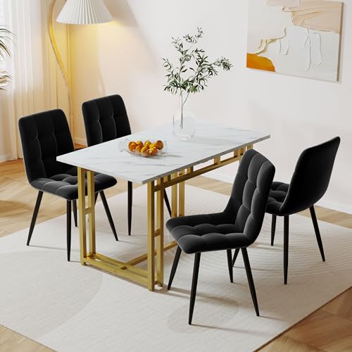 Merax 120x70cm Esstisch mit 4 Stühlen Set,Esszimmertisch-Set mit Goldenem Tisch und 4 Schwarz Samt Stühlen von Merax