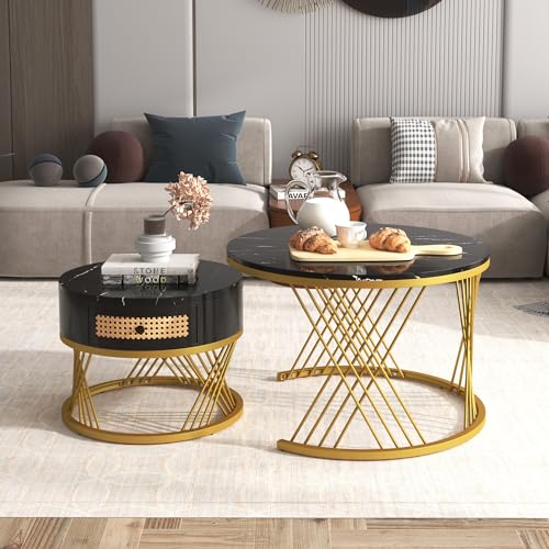 Merax 2 in 1 Runder Couchtisch Beistelltisch mit Tischplatte aus Marmor und Schubladen aus Kunststoff-Rattan couchtisch 2er Set rund von Merax