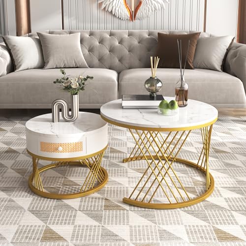 Merax 2 in 1 Runder Couchtisch Beistelltisch mit Tischplatte aus Marmor und Schubladen aus Kunststoff-Rattan couchtisch rund 2er Set von Merax