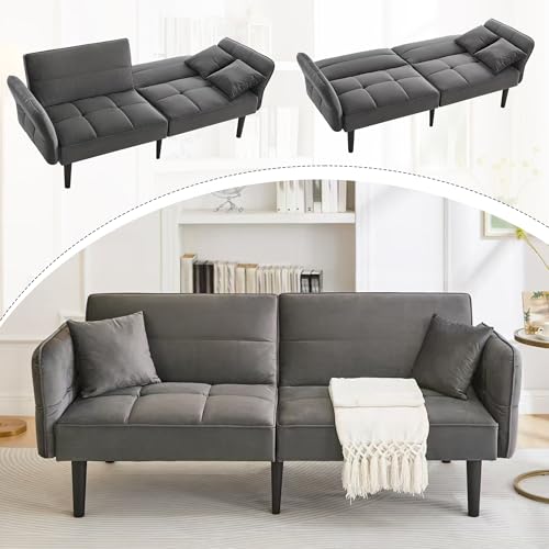 Merax 2-in-1 Verstellbares Schlafsofa Zweisitzer, mit Samtbezug, klappbaren Armlehnen & Schlaffunktion, Massivholzfüße, platzsparendes Falt-Design, inkl. 2 Kissen, 176x78x76cm, Antikgrau von Merax