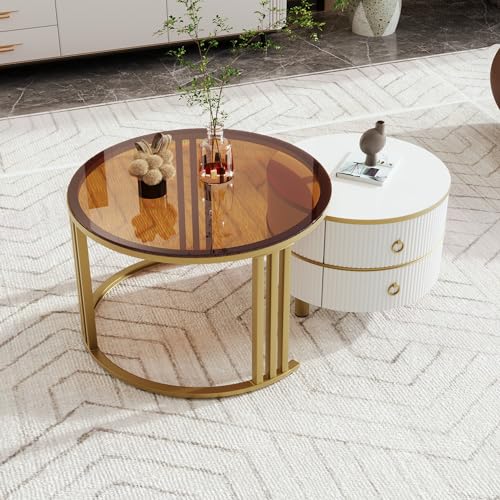 Merax 2-in-1 runder Couchtisch Beistelltisch mit 1 weißen Platte und 1 braunen Platte aus gehärtetem Glas Couchtischkombination mit 2 Schubladen von Merax