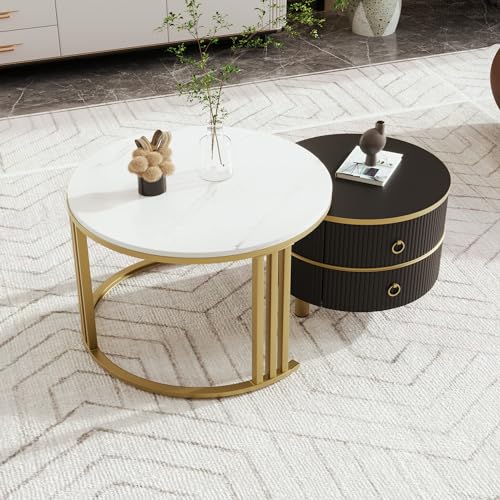 Merax 2-in-1 runder MDF-Couchtisch, Couchtisch Rund 2er Set Beistelltisch mit glänzender Platte und 1 weißer Marmorplatte, Wohnzimmer-Couchtischkombination mit 2 Schubladen Wohnzimmertisch Rund von Merax