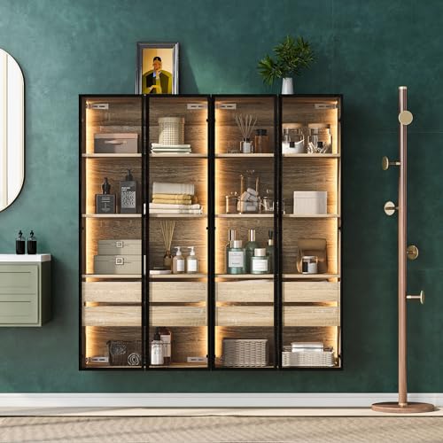 Merax 2 pcs Glasvitrine mit LED-Beleuchtung, Vitrinenschrank Stehend, Hochschrank für Wohnzimmer Hängend, mit 3-stufigen Einlegeböden & 2 Stauraum Schubladen, Natur, 74x36x155cm Merax 2 pcs Glasvitrine mit LED-Beleuchtung, Vitrinenschrank Stehend, Hochschrank für Wohnzimmer Hängend, mit 3-stufigen Einlegeböden & 2 Stauraum Schubladen, Natur, 74x36x155cm von Merax