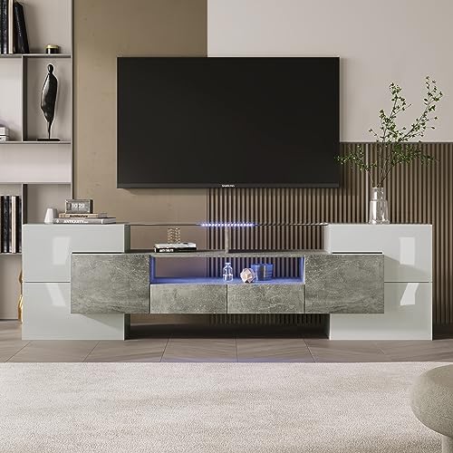 Merax 200 cm TV-Schrank Lowboard in Hochglanz Weiß mit LED-Beleuchtung und eleganter Glasoberfläche 200 x 35 x 60 cm - Weiß + Grau von Merax