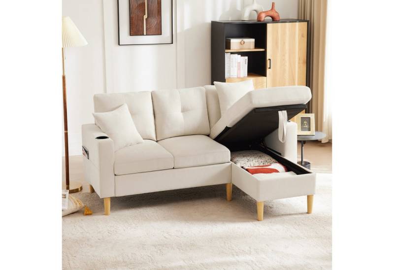 Merax 3-Sitzer Ecksofa Eckcouch in L-Form Eckgarnitur, L-förmiges Sofa aus Baumwoll- und Leinenstoff, 175*129*90cm 1 Teile, 3-Sitzer-Sofa mit integriertem Stauraum, Getränkehaltern und 2 Kissen von Merax