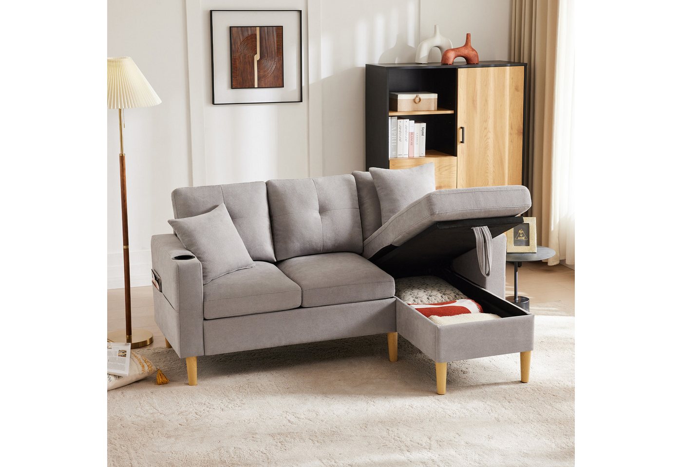 Merax 3-Sitzer Ecksofa Eckcouch in L-Form Eckgarnitur, L-förmiges Sofa aus Baumwoll- und Leinenstoff, 175*129*90cm 1 Teile, 3-Sitzer-Sofa mit integriertem Stauraum, Getränkehaltern und 2 Kissen Merax 3-Sitzer Ecksofa Eckcouch in L-Form Eckgarnitur, L-förmiges Sofa aus Baumwoll- und Leinenstoff, 175*129*90cm 1 Teile, 3-Sitzer-Sofa mit integriertem Stauraum, Getränkehaltern und 2 Kissen von Merax
