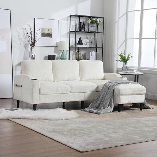 Merax 3-Sitzer Sofa Ecksofa L-Form mit Polsterhocker (inkl. Stauraum), Samtstoff-Couch klein mit bequemen Armlehnen, Getränkehalter & Seitentaschen – für Wohnzimmer/Schlafzimmer/Wohnung, Beige von Merax