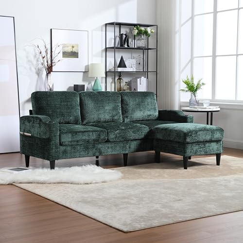 Merax 3-Sitzer Sofa Ecksofa L-Form mit Polsterhocker (inkl. Stauraum), Samtstoff-Couch klein mit bequemen Armlehnen, Getränkehalter & Seitentaschen – für Wohnzimmer/Schlafzimmer/Wohnung, Emerald von Merax