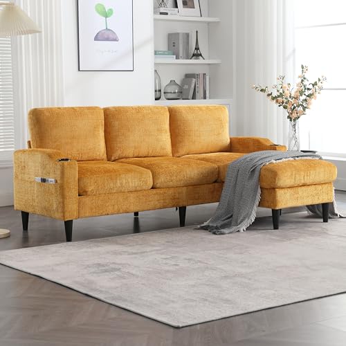 Merax 3-Sitzer Sofa Ecksofa L-Form mit Polsterhocker (inkl. Stauraum), Samtstoff-Couch klein mit bequemen Armlehnen, Getränkehalter & Seitentaschen – für Wohnzimmer/Schlafzimmer/Wohnung, Gelb von Merax