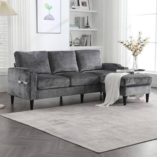 Merax 3-Sitzer Sofa Ecksofa L-Form mit Polsterhocker (inkl. Stauraum), Samtstoff-Couch klein mit bequemen Armlehnen, Getränkehalter & Seitentaschen – für Wohnzimmer/Schlafzimmer/Wohnung, Grau von Merax