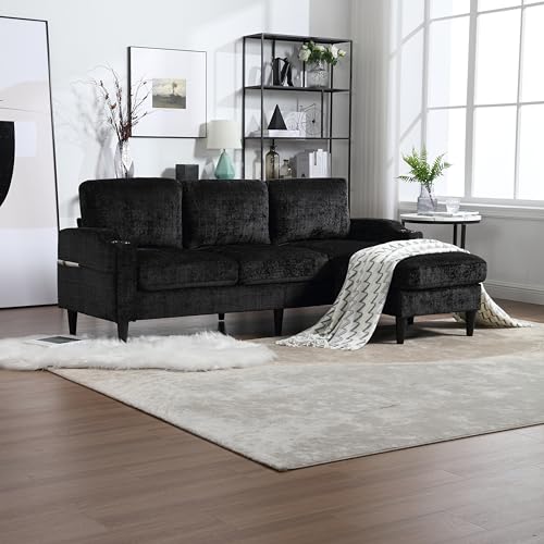 Merax 3-Sitzer Sofa Ecksofa L-Form mit Polsterhocker (inkl. Stauraum), Samtstoff-Couch klein mit bequemen Armlehnen, Getränkehalter & Seitentaschen – für Wohnzimmer/Schlafzimmer/Wohnung, Schwarz von Merax