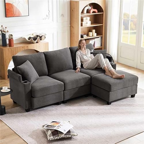 Merax 3-Sitzer Sofa mit umwandelbarem Fußhocker, Multifunktionales Ecksofa mit Armlehnenablage, Getränkehalter, USB-Ladegerät und Handyhalterung, L-Form, Couch für Wohnzimmer/Schlafzimmer, Dunkelgrau von Merax