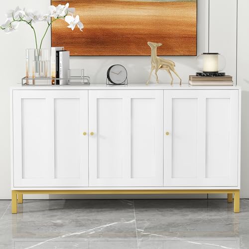 Merax 3-türiges Sideboard Küchenschrank mit Marmor-Tischplatte für Küche, Wohnzimmer & Esszimmer, verstellbare Einlegeböden, modernes Design 140x39.8x78.2cm Weiß von Merax
