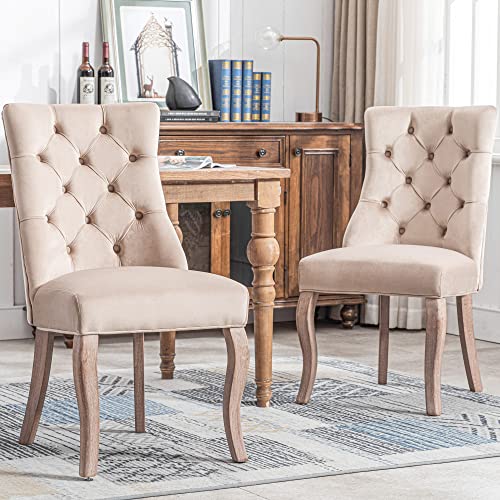 Merax 4-Fußstuhl, Stuhl Beige Samt Esszimmerstuhl Polsterstuhl,hohe Rückenlehne, mit Knopfsteppung, Gestell aus Massivholz, Beige，(Set, 2 St) von Merax
