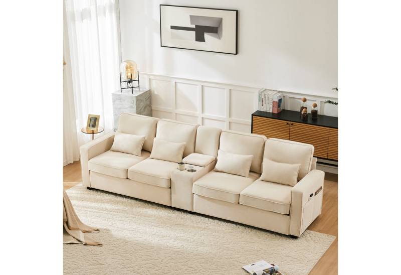 Merax 4-Sitzer mit Seitentaschen und Getränkehälter, XXL-Sofa mit USB,Chaiselounge,Polstermöbel mit Zierkissen von Merax
