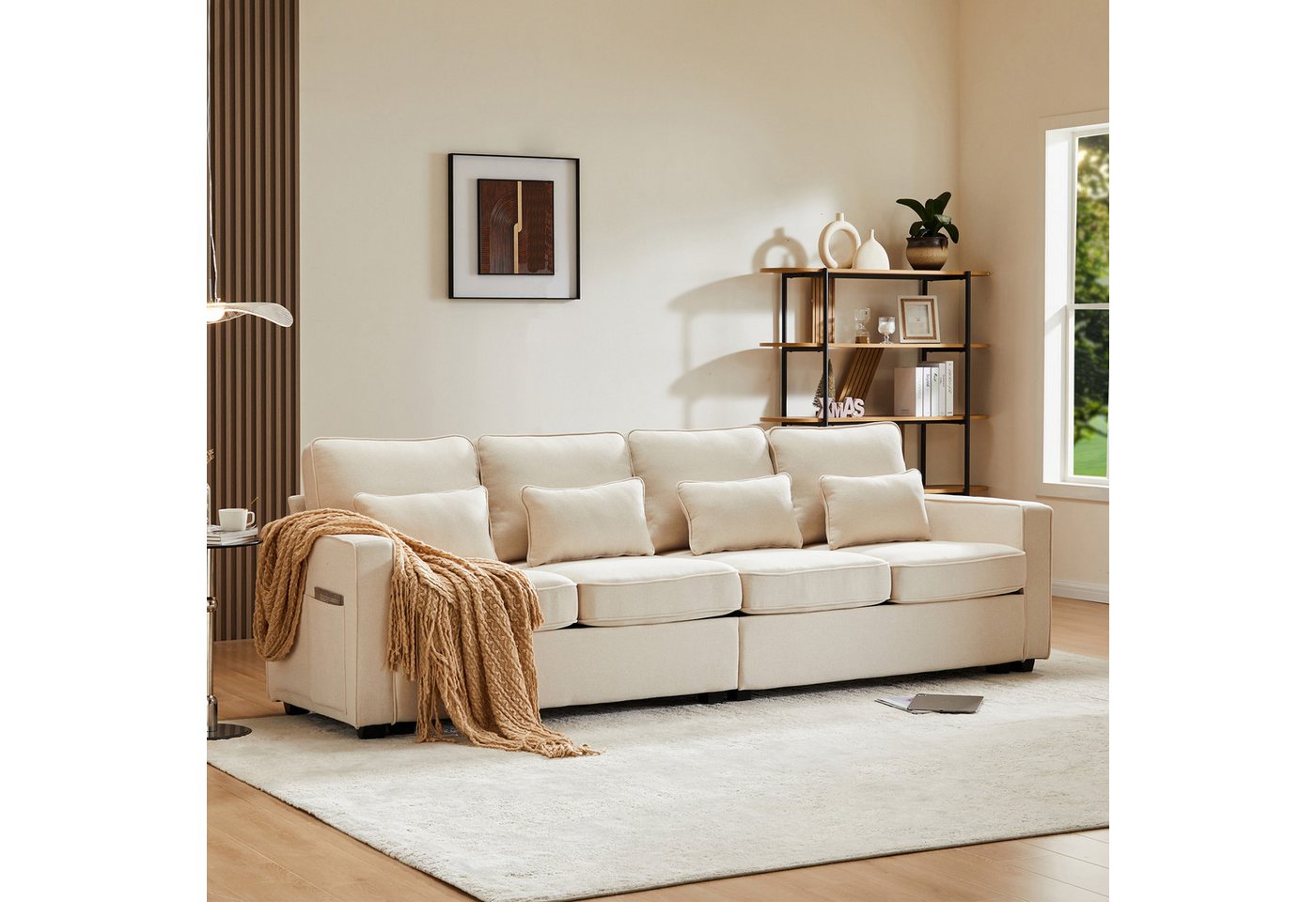Merax 4-Sitzer mit Seitentaschen und Zierkissen, XXL-Sofa mit Leinenbezug, Chaiselounge, Polstermöbel von Merax