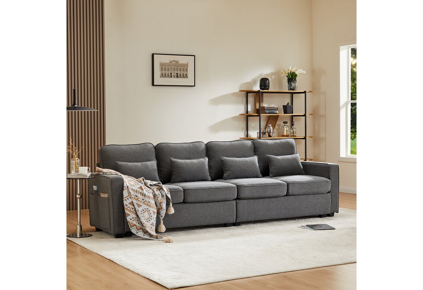 Merax 4-Sitzer mit Seitentaschen und Zierkissen, XXL-Sofa mit Leinenbezug, Chaiselounge, Polstermöbel von Merax