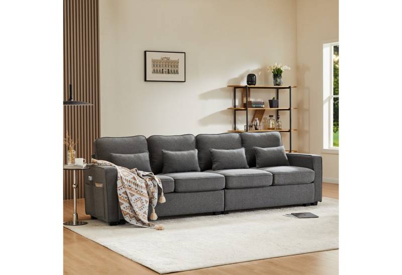 Merax 4-Sitzer mit Seitentaschen und Zierkissen, XXL-Sofa mit Leinenbezug,Chaiselounge,Polstermöbel von Merax