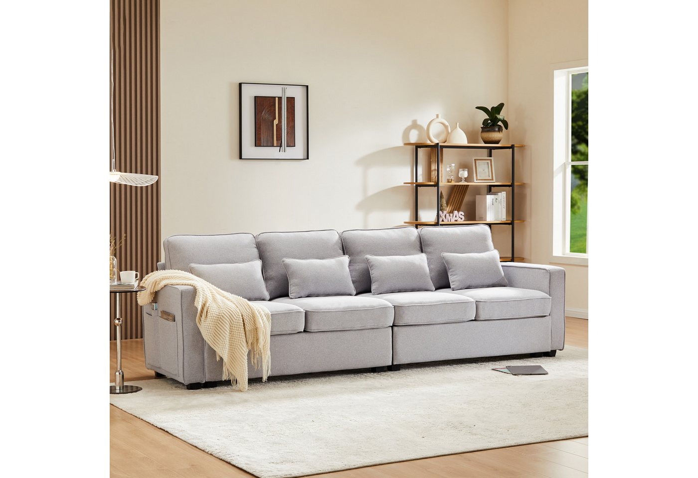 Merax 4-Sitzer mit Seitentaschen und Zierkissen, XXL-Sofa mit Leinenbezug, Chaiselounge, Polstermöbel von Merax