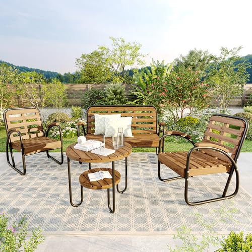 Merax Akazienholz Gartenmöbel Set mit 4 Sitzplätze, Outdoor Balkonmöbel Sitzgruppe mit Sofa, 2 Stühle und 1 Tisch, Schwarz + Natur (ohne Kissen) von Merax