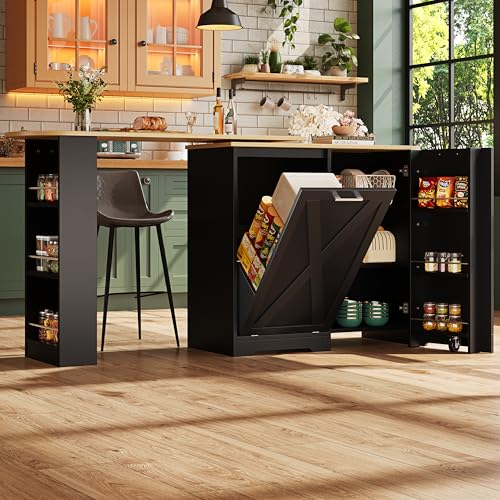 Merax Bartisch Ausziehbarer, Drehbar Esstisch mit Stauraum, Modern Stehtisch Bistrotisch mit Klapptür, Türregal, Offenes Staufach, Kücheninsel für Wohnzimmer Esszimmer, 138-203x38x105,5cm, Schwarz von Merax