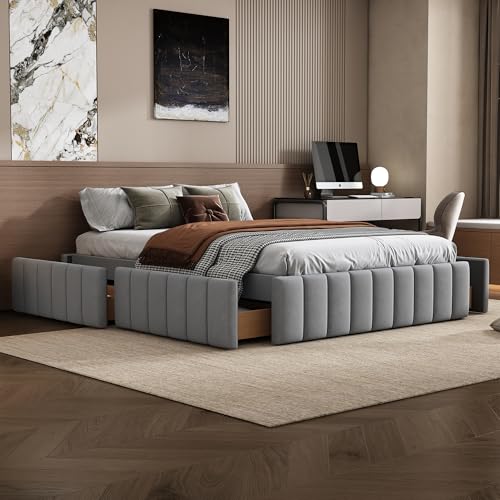 Merax Bettgestell 140x200 cm Polsterbett ohne Kopfteil mit Lattenrost und 4 Schubladen, minimalistisches Design, Grau, Samt, Ohne Matratze von Merax